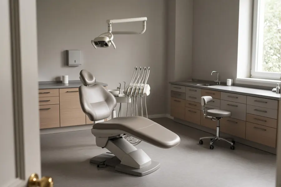 A dental treatment chair in a daylit operatory.