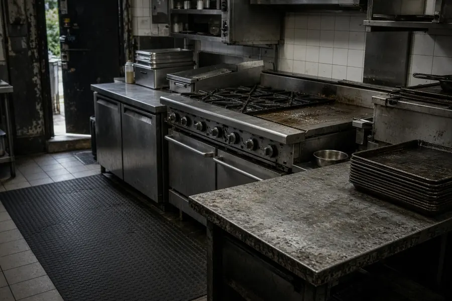 A commercial kitchen line before service.