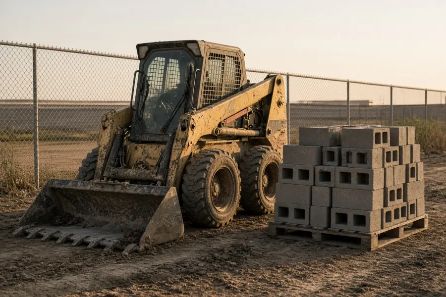 A skid steer loader parked beside pallets of concrete block.